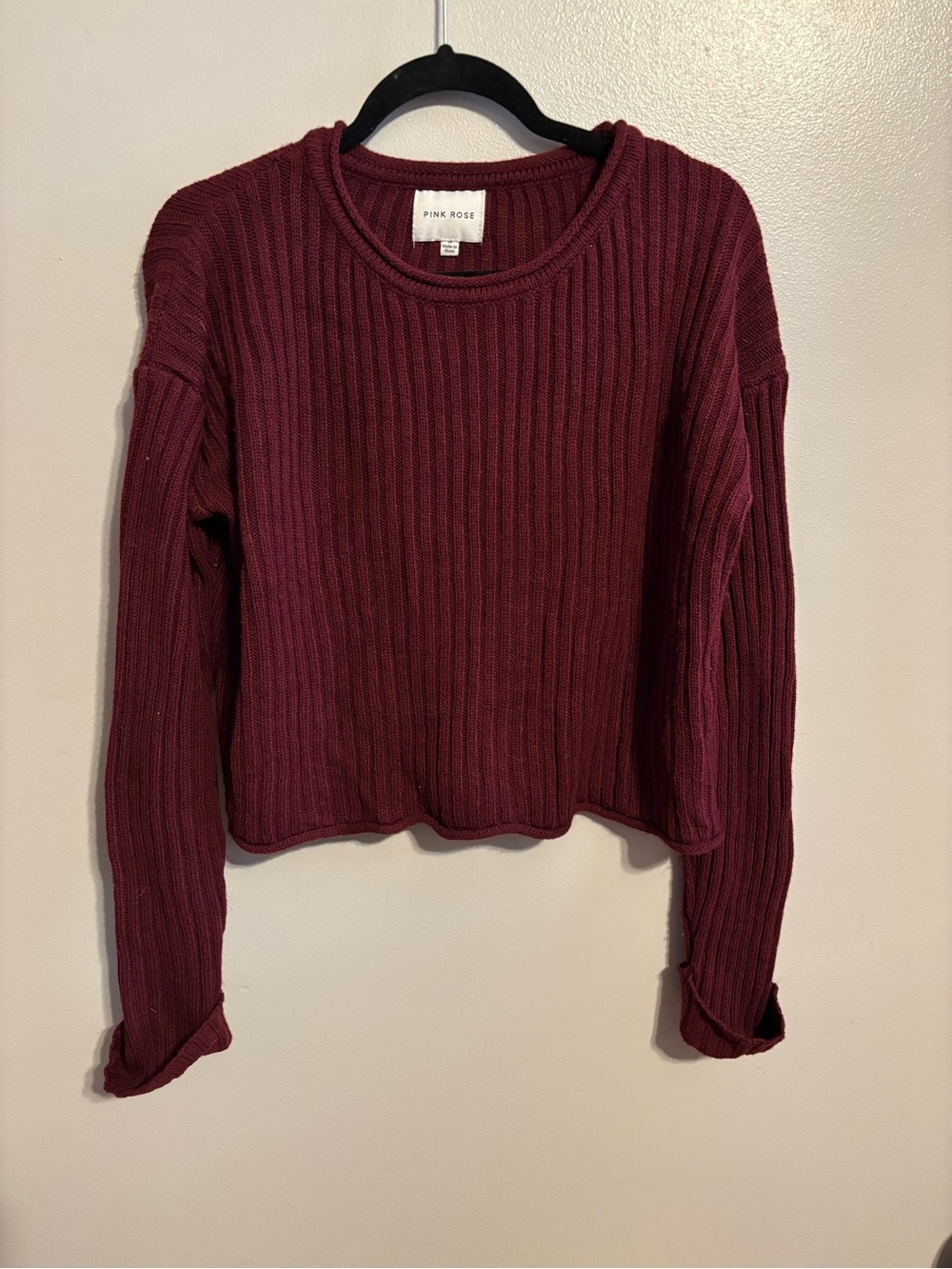 Pink Rose Burgundy Ribbed Knit Cropped Sweater Size Medium